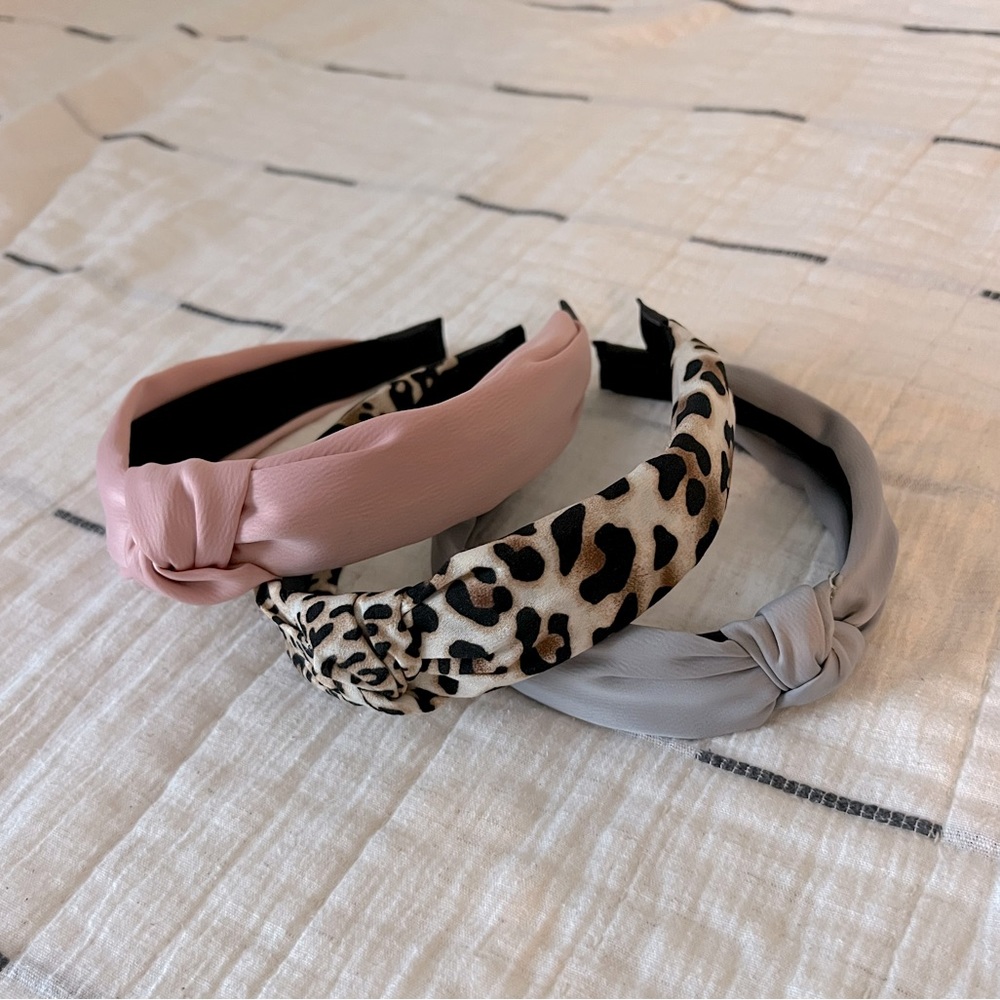 LOT OF 3 HEADBANDS from Amazon - Pink, Grey, Tan Leopard - Never Worn- Like New